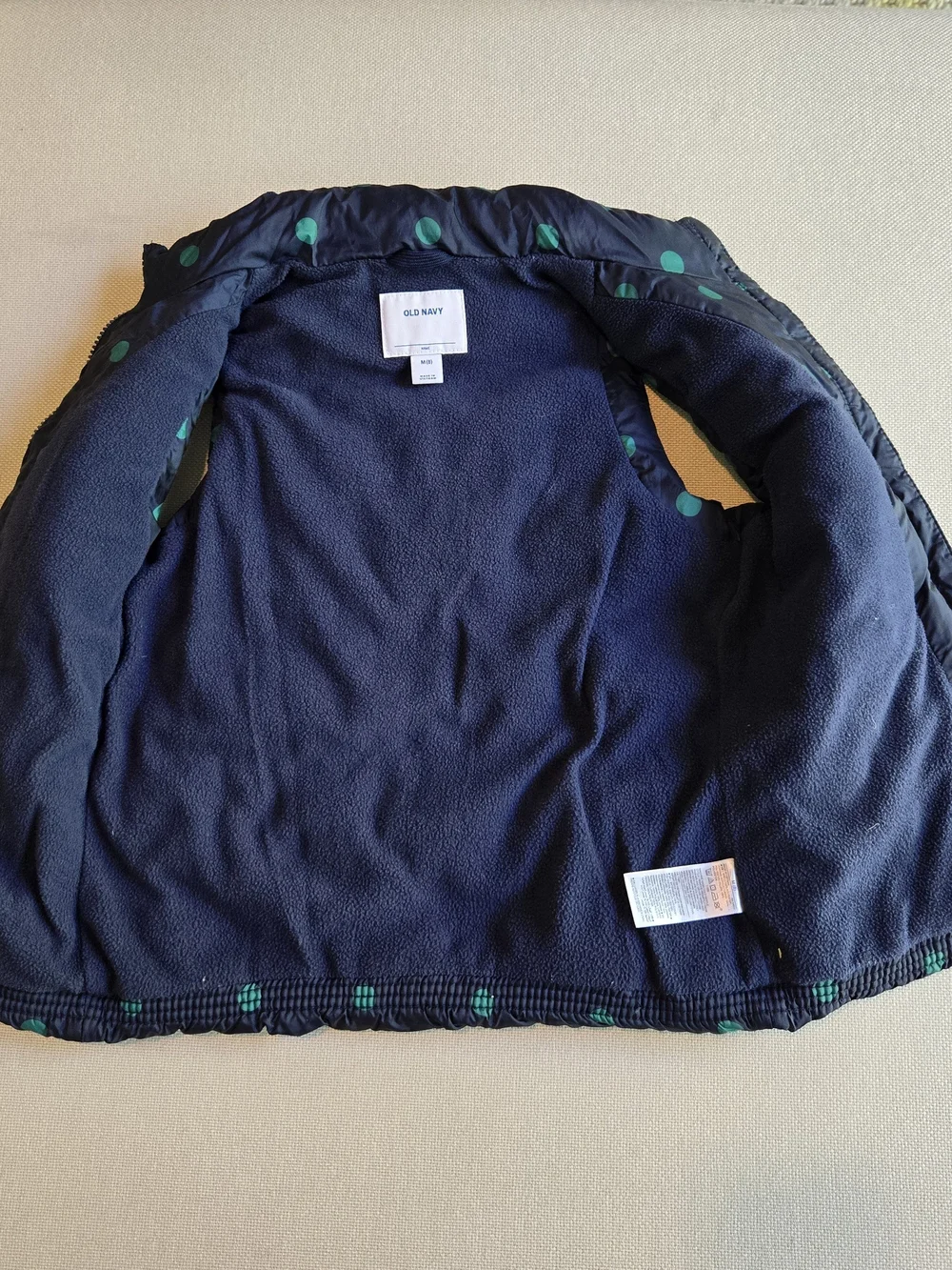 Old Navy Girls Medium 8 Navy Polka Dot Quilted Puffer Vest Zipper Front Winter